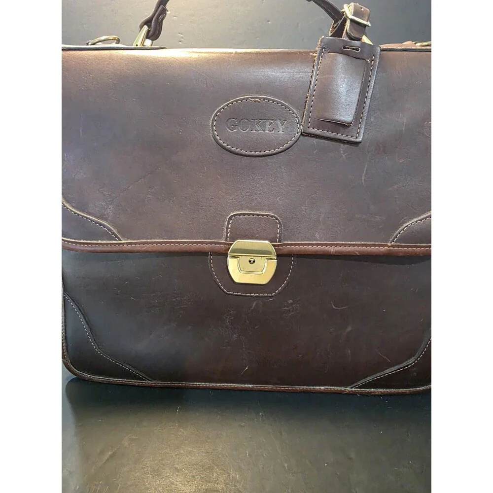 Vintage Gokey USA Brown Leather Flapover Briefcase Messenger Bag Luggage Tag